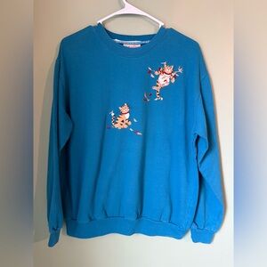 Vintage Top Stitch Morning Sun Cat Leaves Crewneck Sweater Teal Fall Embroidered